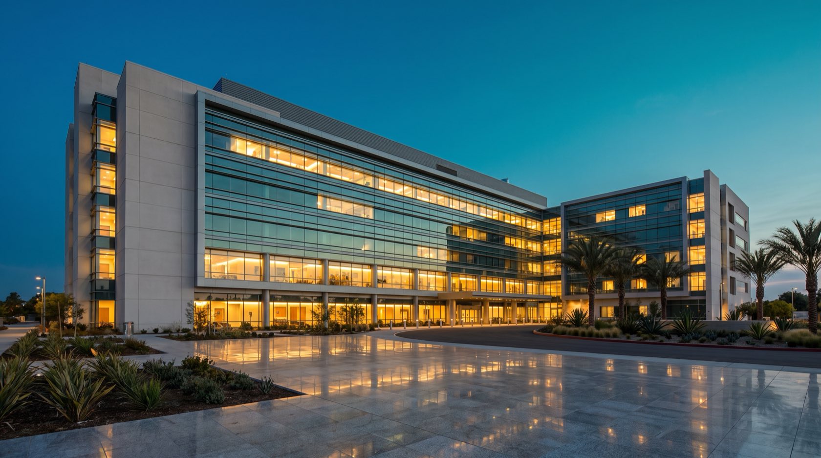 Completed California healthcare facility at dusk