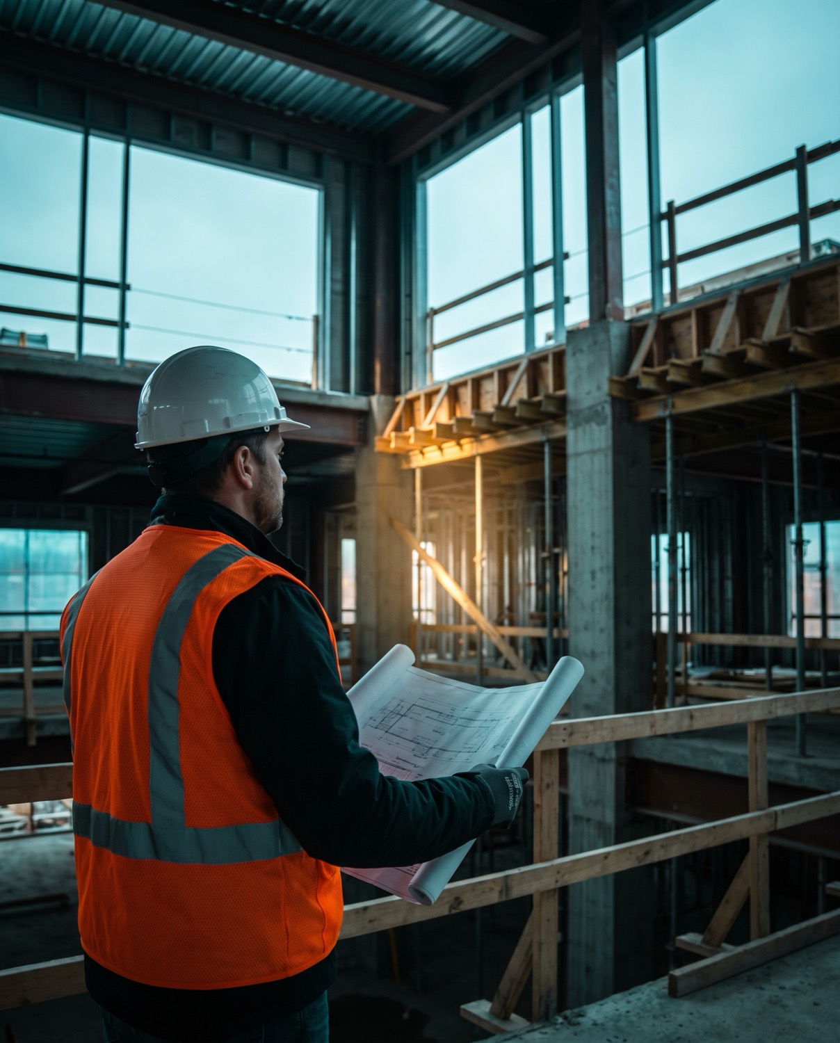 Inspector in hi-vis reviewing structural drawings inside a hospital under construction